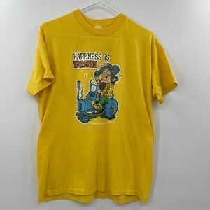 VINTAGE SINGLE STICH HAPPINESS IS FARMING‎ TSHIRT YELLOW XL
